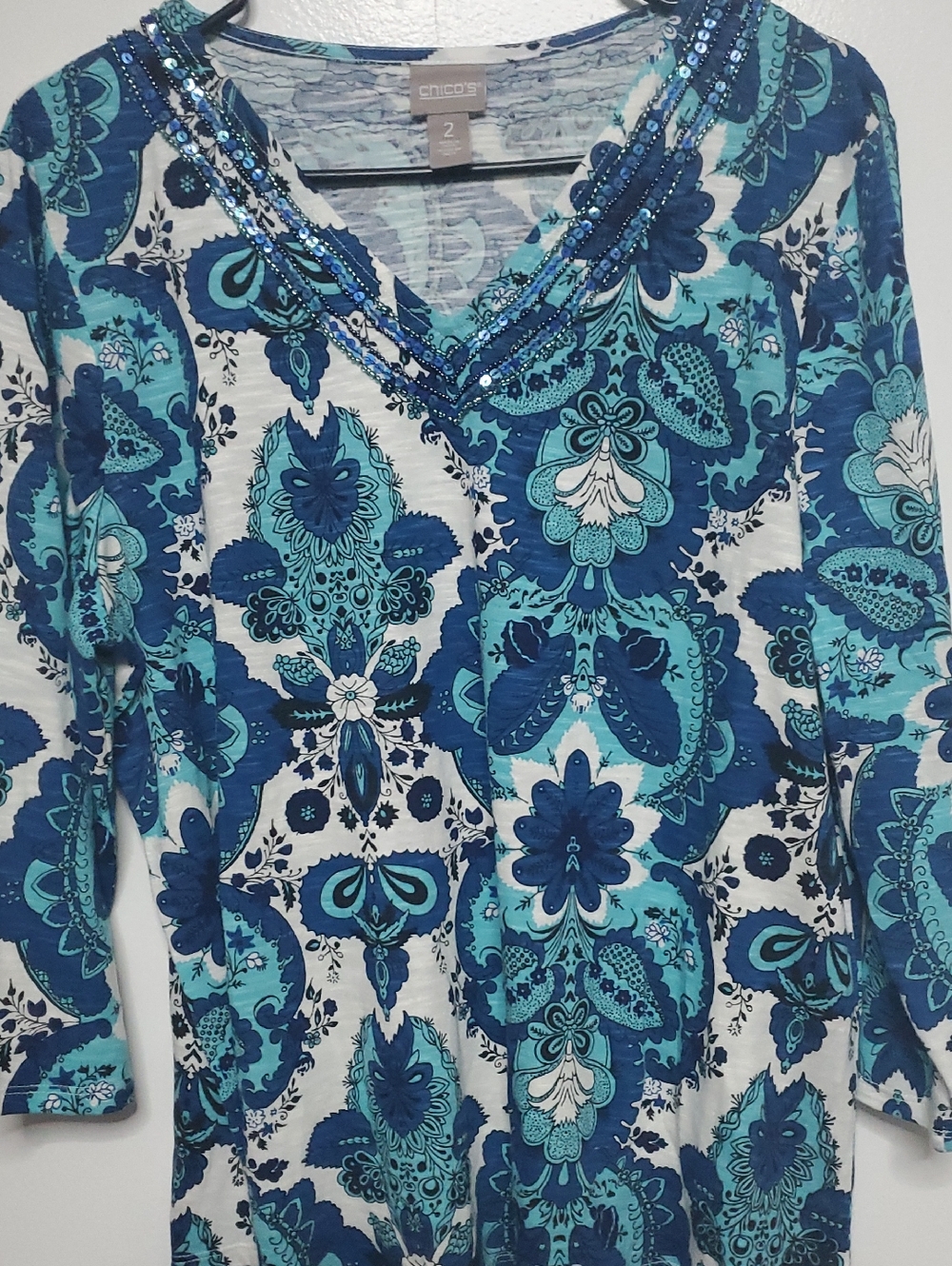 Chico's Blue & Teal Paisley V-Neck Tunic with Sequin Trim